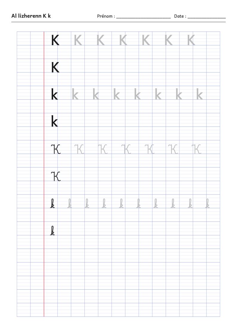 Aperçu : Fiche d'écriture : la lettre K de l'alphabet breton