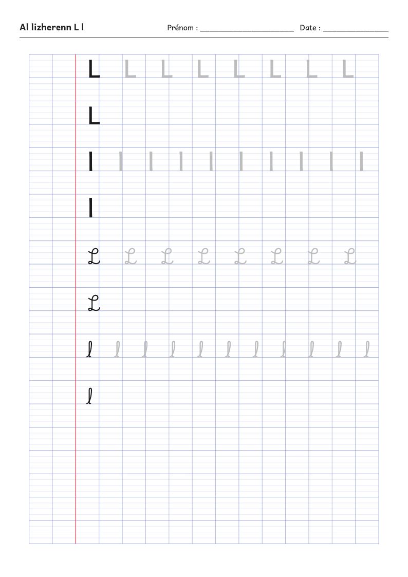 Fiche d'écriture : la lettre L de l'alphabet breton