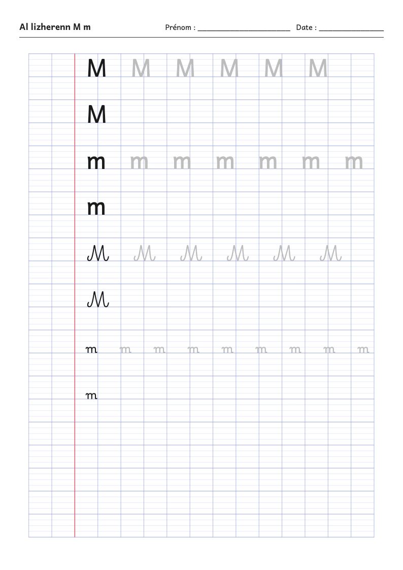 Fiche d'écriture : la lettre M de l'alphabet breton