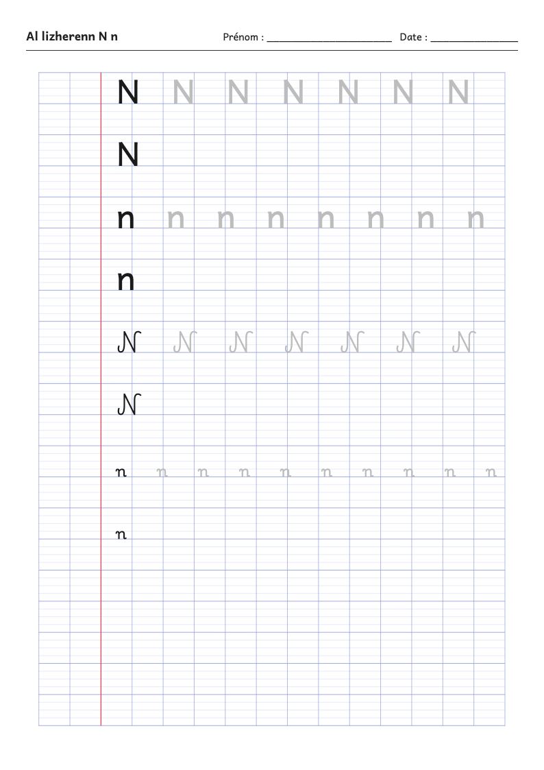 Aperçu : Fiche d'écriture : la lettre N de l'alphabet breton