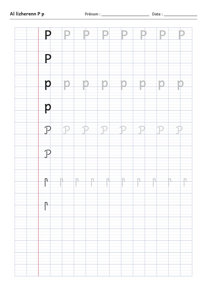 Fiche d'écriture : la lettre P de l'alphabet breton