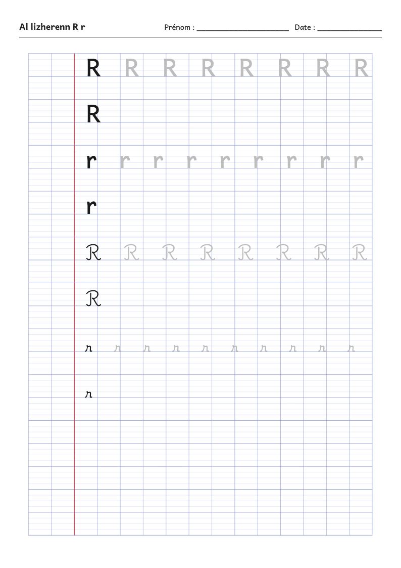 Fiche d'écriture : la lettre R de l'alphabet breton