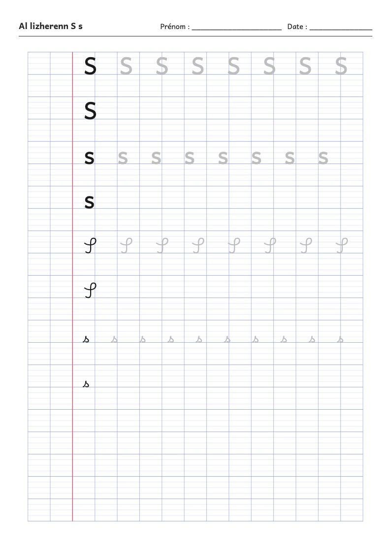 Fiche d'écriture : la lettre S de l'alphabet breton