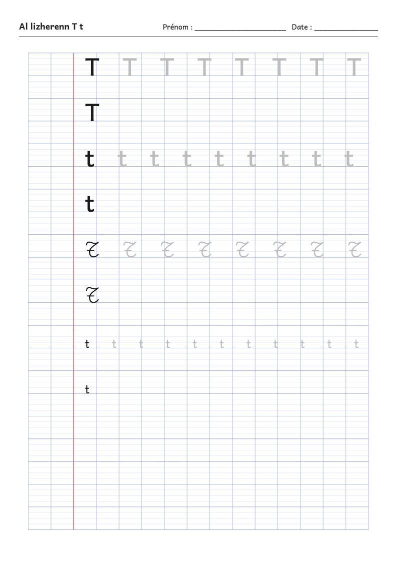 Aperçu : Fiche d'écriture : la lettre T de l'alphabet breton