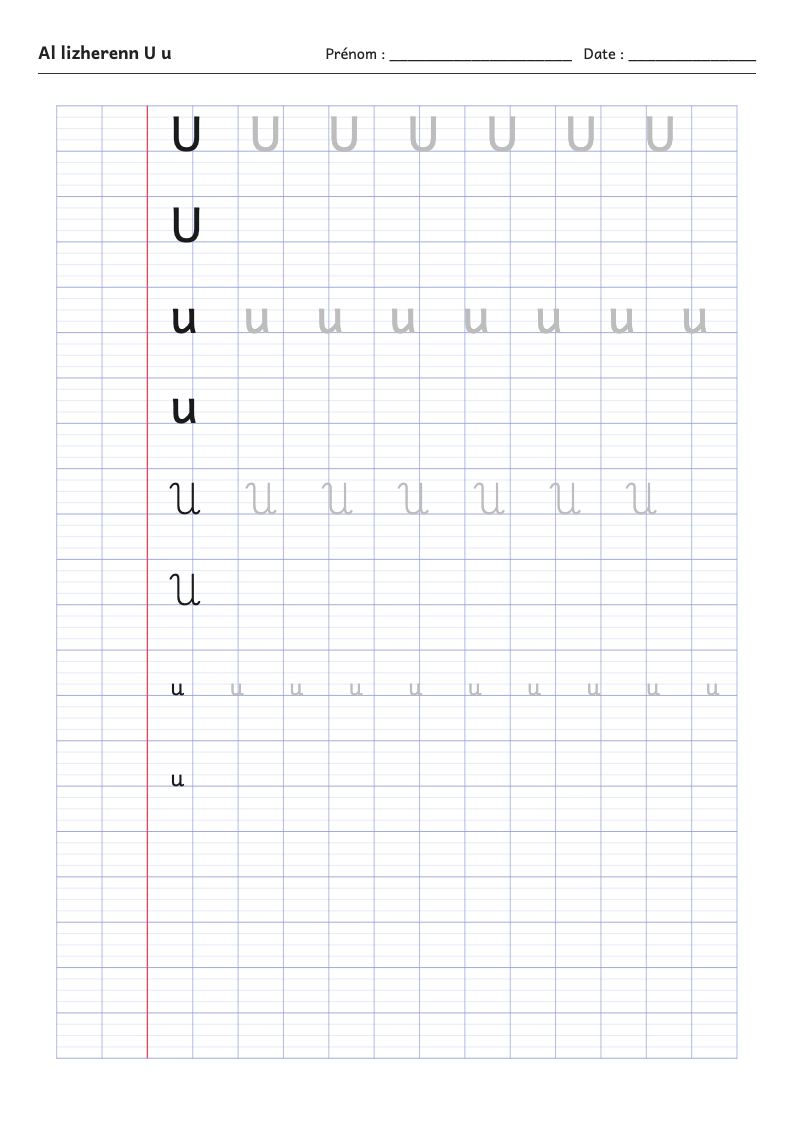 Aperçu : Fiche d'écriture : la lettre U de l'alphabet breton