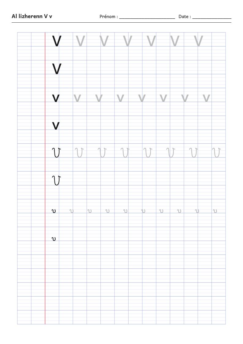 Fiche d'écriture : la lettre V de l'alphabet breton