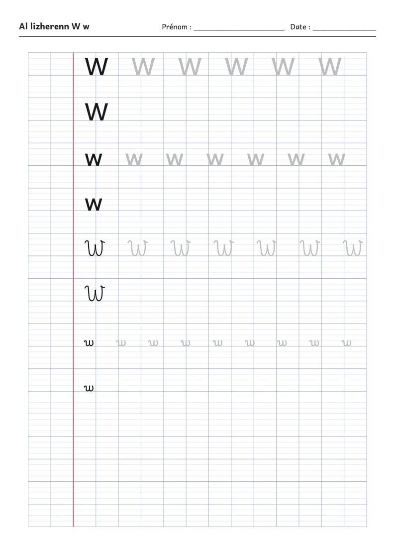 Aperçu : Fiche d'écriture : la lettre W de l'alphabet breton