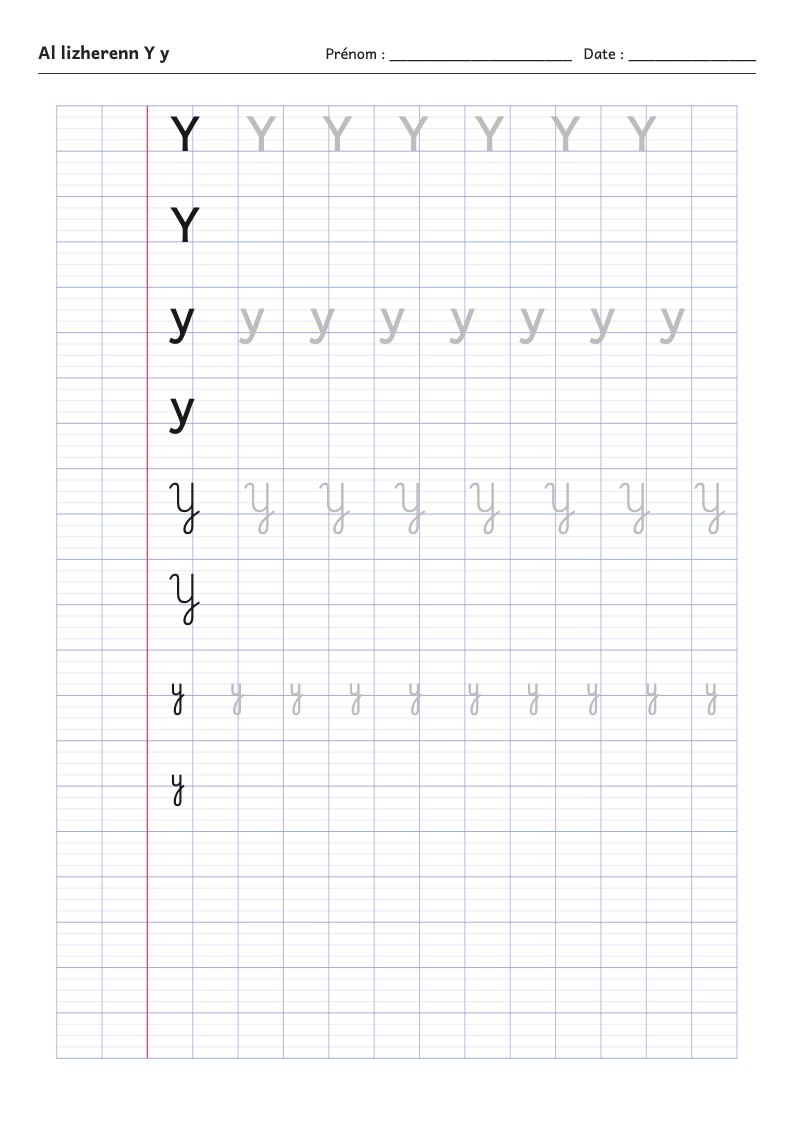 Fiche d'écriture : la lettre Y de l'alphabet breton