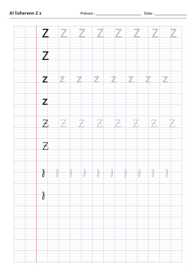 Fiche d'écriture : la lettre Z de l'alphabet breton