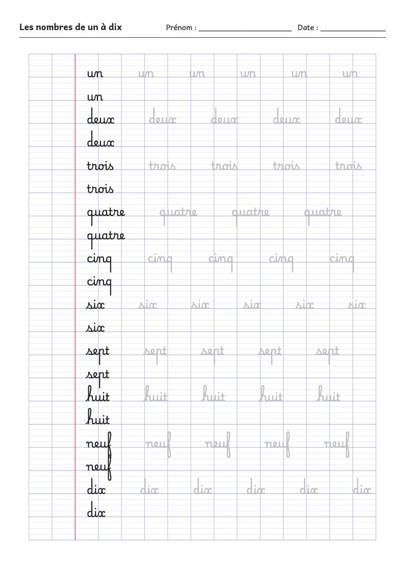 Fiche d'écriture : les nombres de un à dix en lettres (attaché)