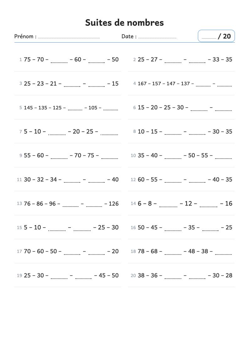 Aperçu : Fiche de calcul : compléter des suites de nombres
