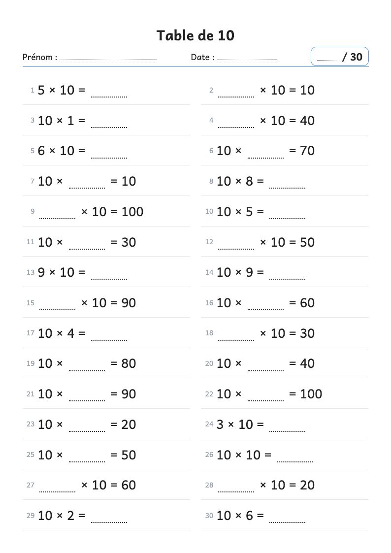 Aperçu : Fiche de calcul : la table de multiplication de 10