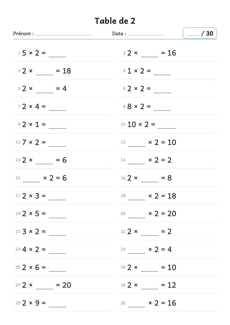 Aperçu : Fiche de calcul : la table de multiplication de 2