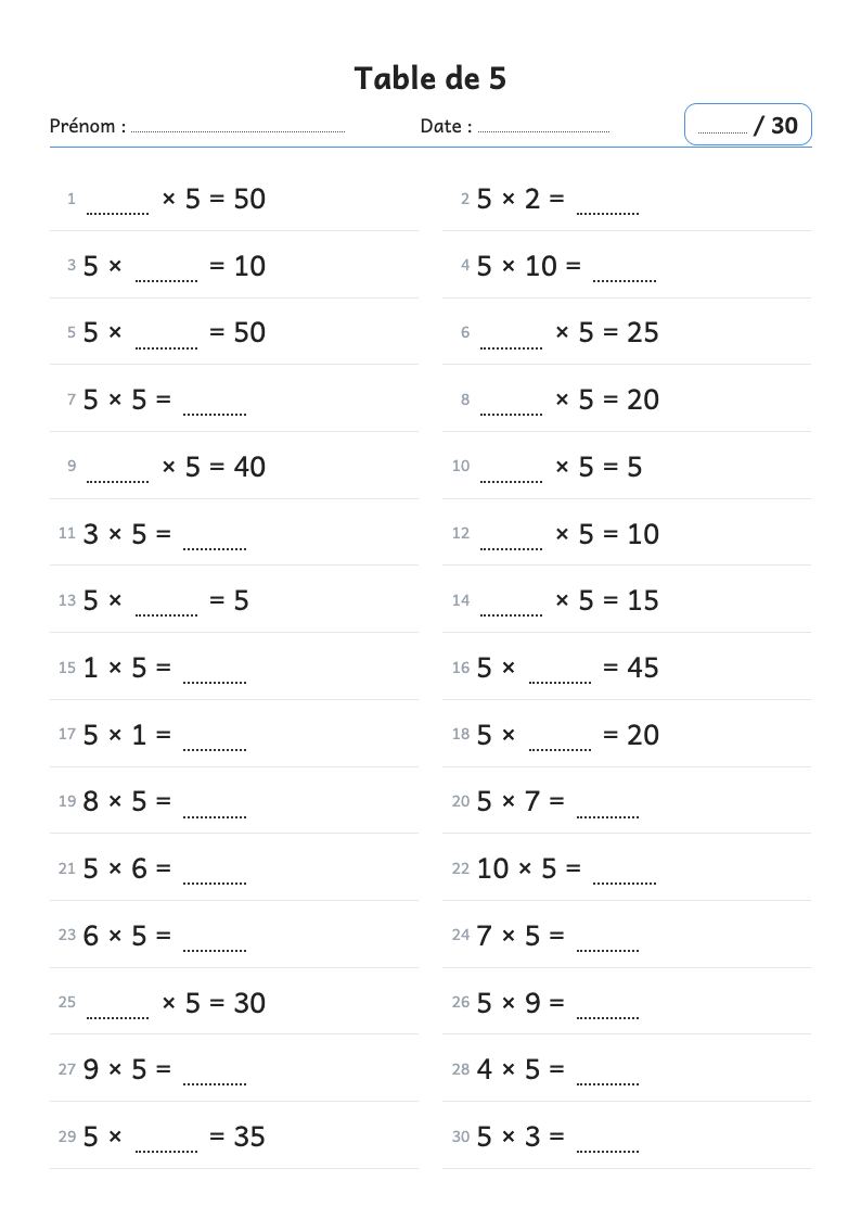 Fiche de calcul : la table de multiplication de 5