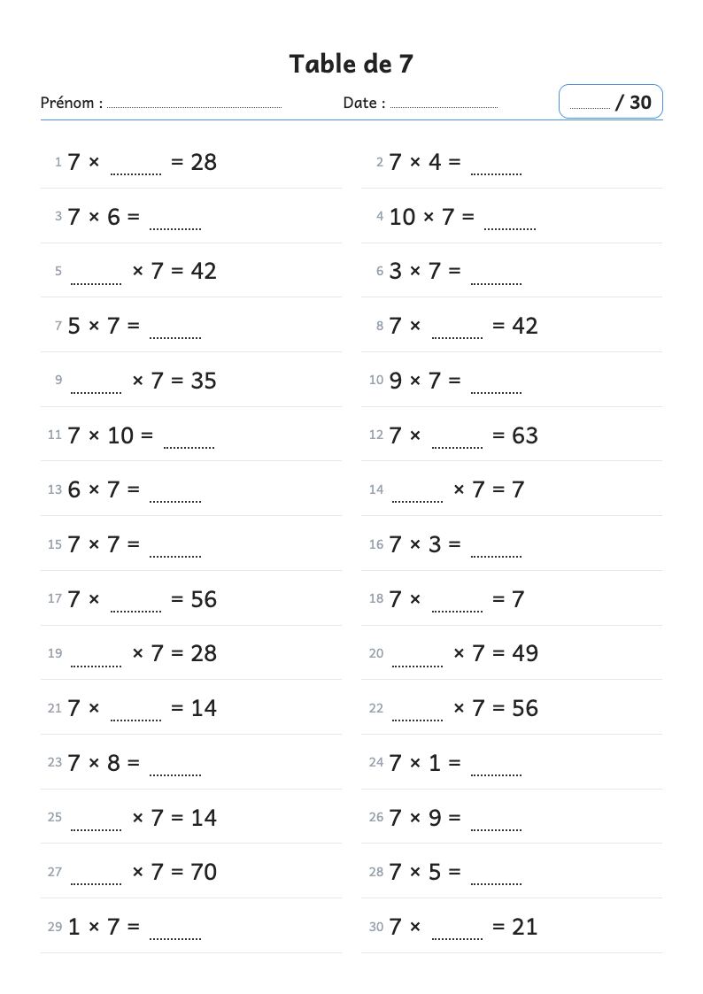 Aperçu : Fiche de calcul : la table de multiplication de 7