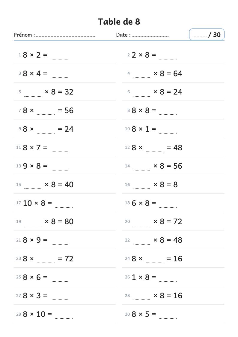 Aperçu : Fiche de calcul : la table de multiplication de 8