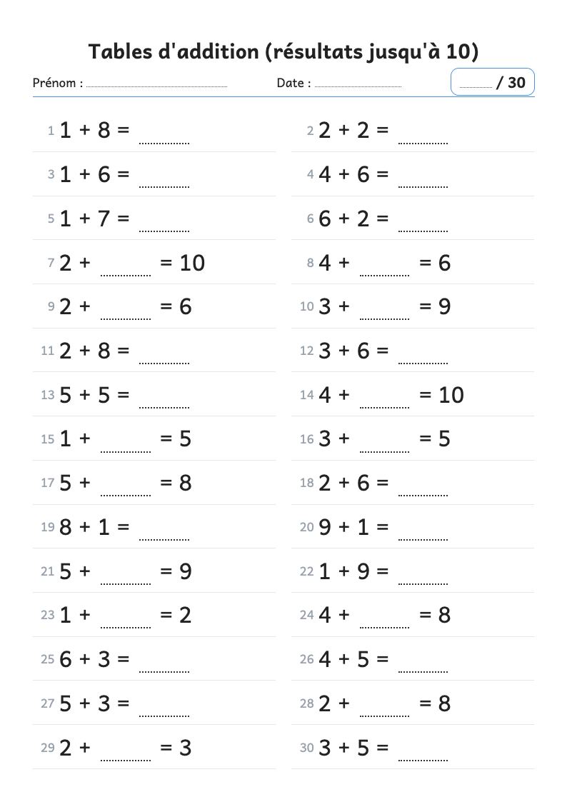 Aperçu : Fiche de calcul : tables d'addition, résultats jusqu'à 10