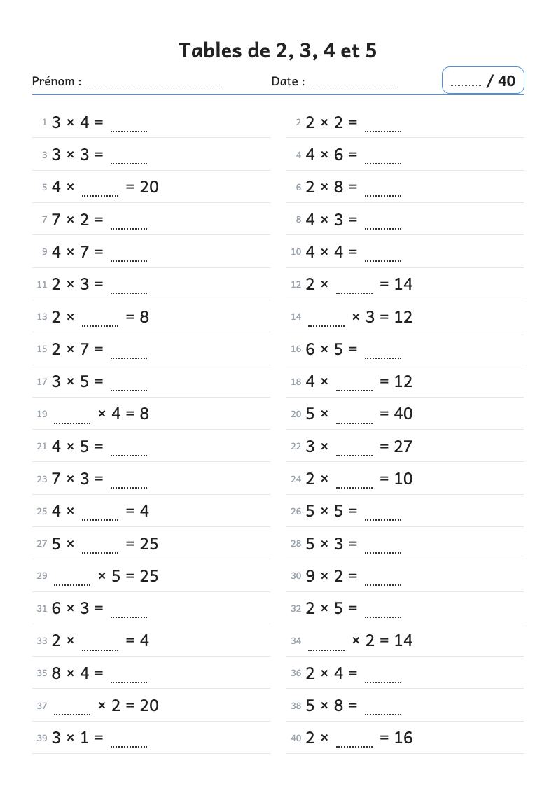 Aperçu : Fiche de calcul : tables de multiplication de 2, 3, 4 et 5 mélangées