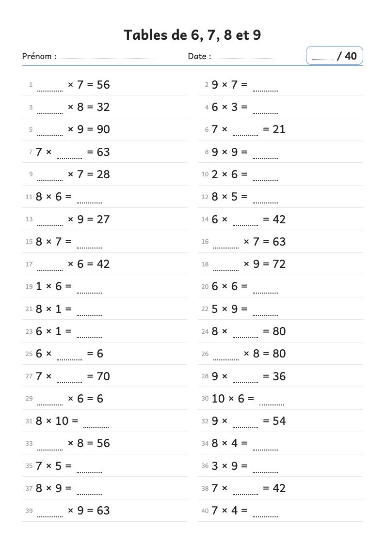 Aperçu : Fiche de calcul : tables de multiplication de 6, 7, 8 et 9 mélangées